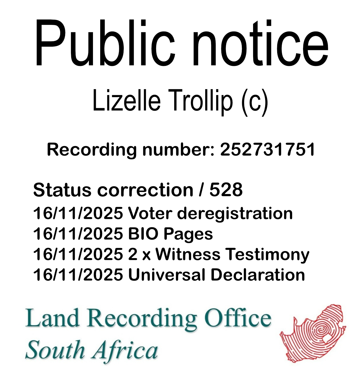 Public notice Lizelle Trollip Recording number 252731751